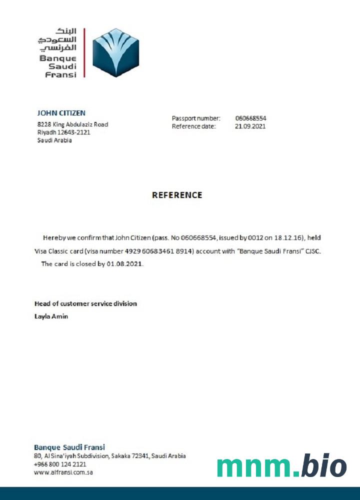 Arabia Saudyjska Banque Saudi Fransi przykład zamknięcia odniesienia w formatach Word i PDF